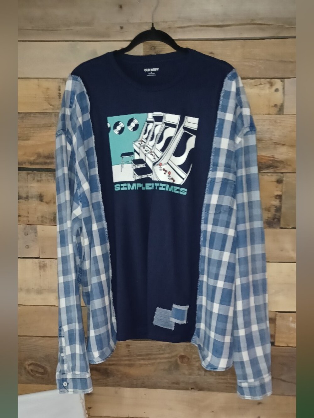 Upcycled Navy Graphic Tee with Blue Plaid Layered Look